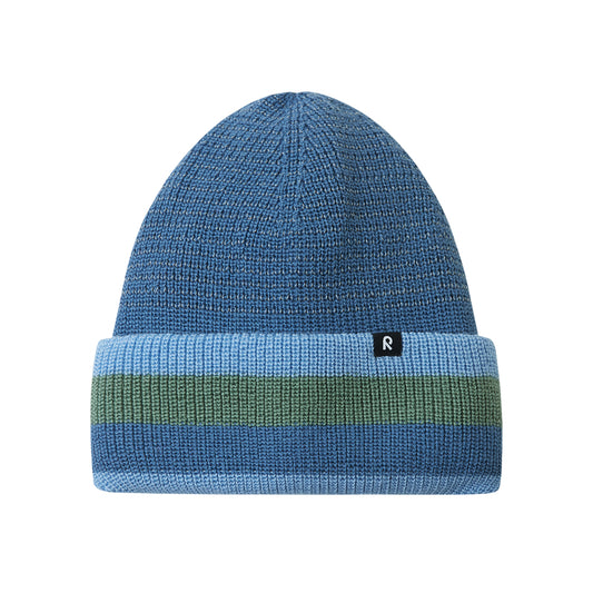 Reflective blue beanie for kids on a white background