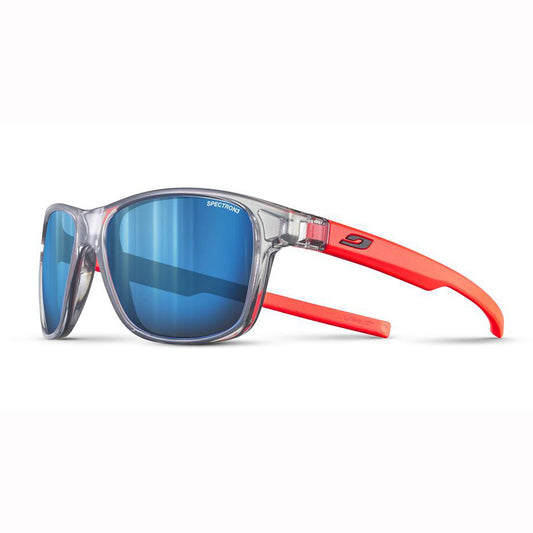 teen sunglasses with blue lens, clear transparent frame and neon orange arms on white background