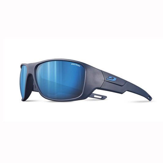 Blue sunglasses with a reflective lens on a white background
