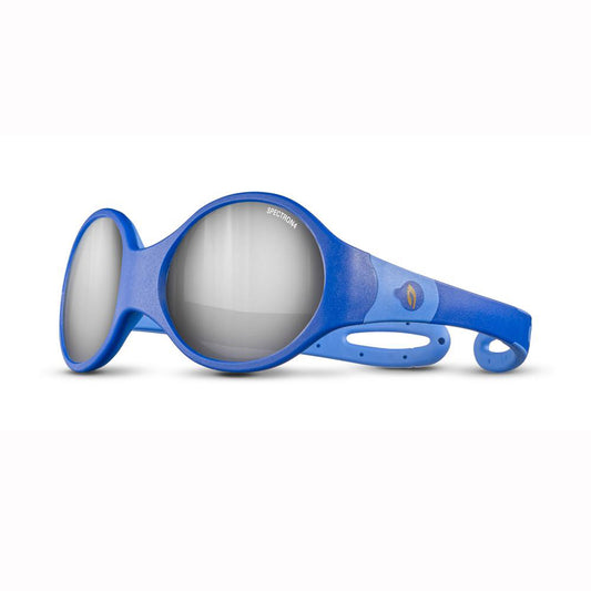 Blue children's sunglasses with silver lenses on a white background
