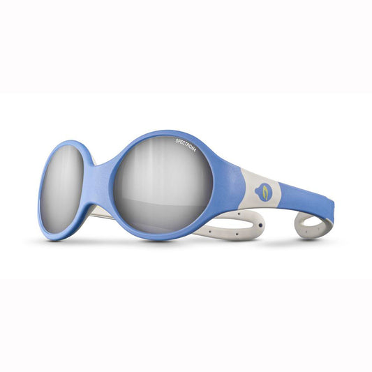 Children's sunglasses with blue frames and silver lenses on a white background