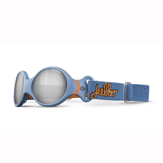 Baby sunglasses with a blue frame and orange strap on a white background, Julbo Loop S Baby Sunglasses 6 - 18 months (Blue Orange)