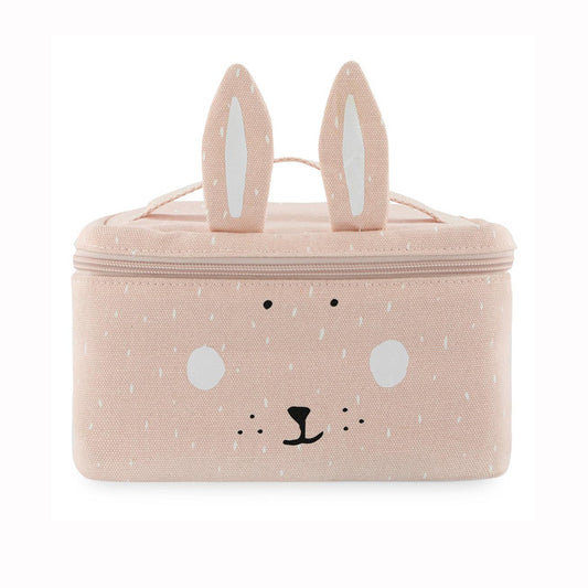 Pink thermal lunch box with bunny ears and face design on a white background