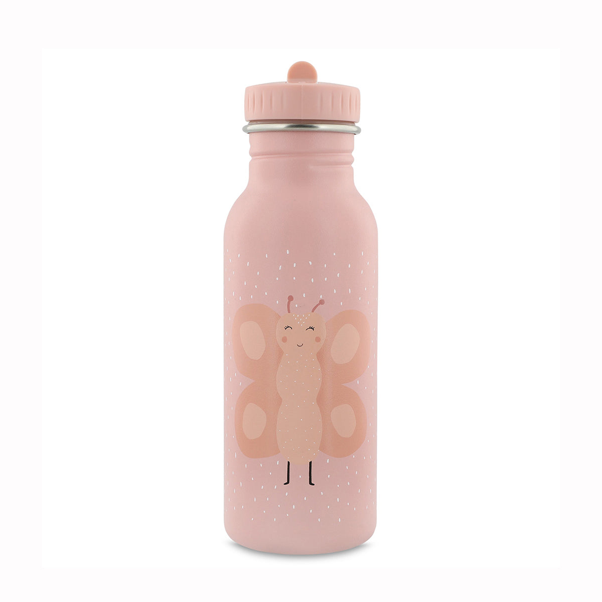 Pink water bottle with butterfly design on a white background