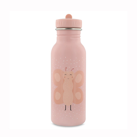 Pink water bottle with butterfly design on a white background