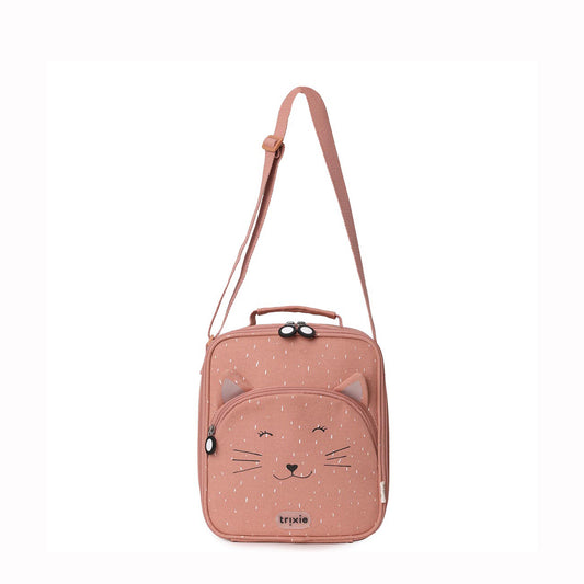 Pink cat-shaped lunch bag with a strap on a white background