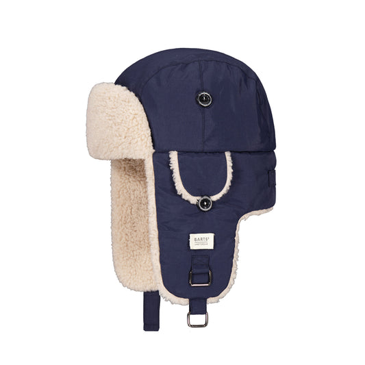 Navy blue winter bomber hat with beige fur lining on a white background