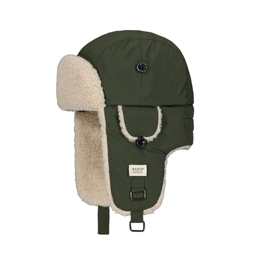Green winter hat with beige fleece lining on a white background