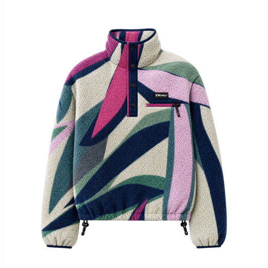 A fleece pullover jacket with a colorful abstract geometric pattern in pink, navy, green, and beige, featuring a half-zip collar and a zippered chest pocket.