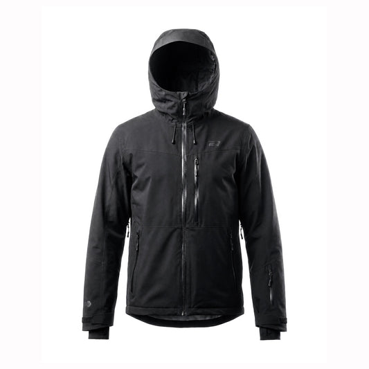 A black hooded technical jacket with a full front zipper, zippered chest pocket, and zippered hand pockets, shown on a plain white background.
