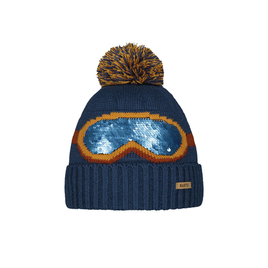 Blue knit beanie with sequin goggles design and pom-pom on a white background