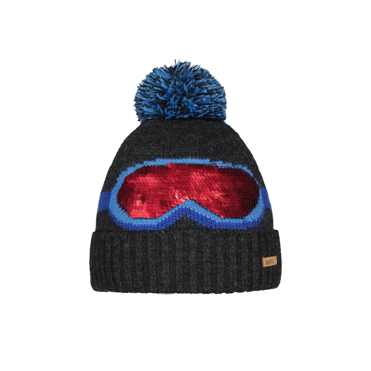 Black knit beanie with red goggles and blue pom-pom on a white background