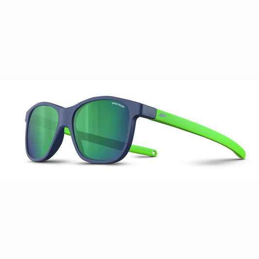Sunglasses with blue frame and green arms on a white background