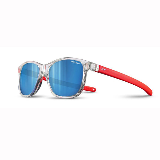 Sunglasses for kids with blue lenses and red arms on a white background