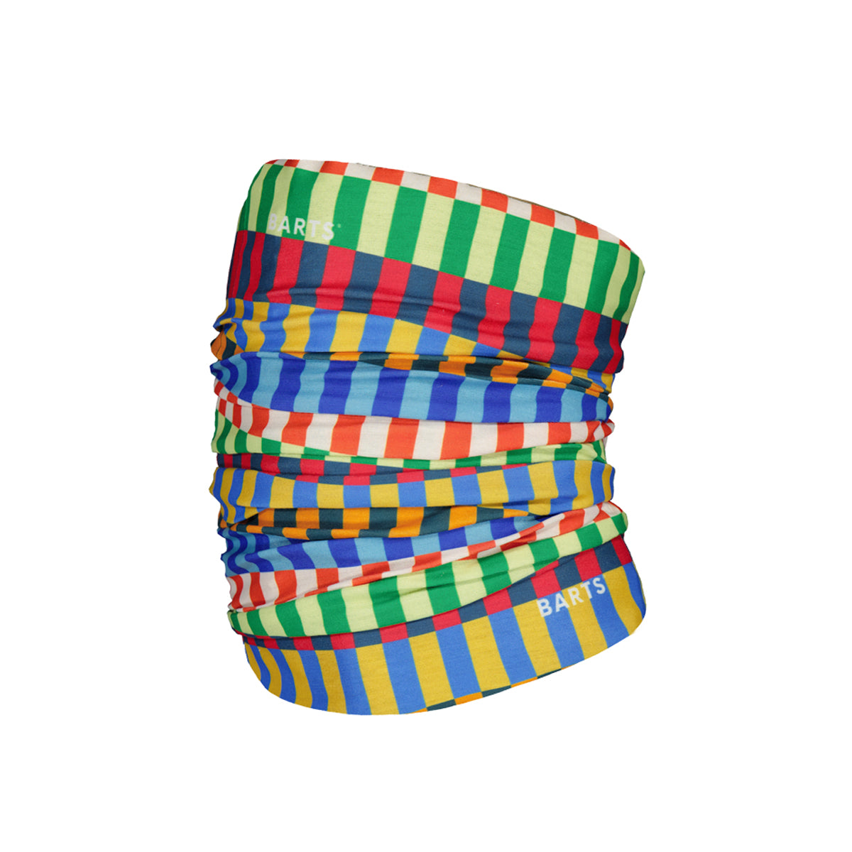 Multicolored striped tube neck gaiter on a white background