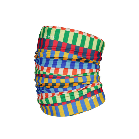 Multicolored striped tube neck gaiter on a white background
