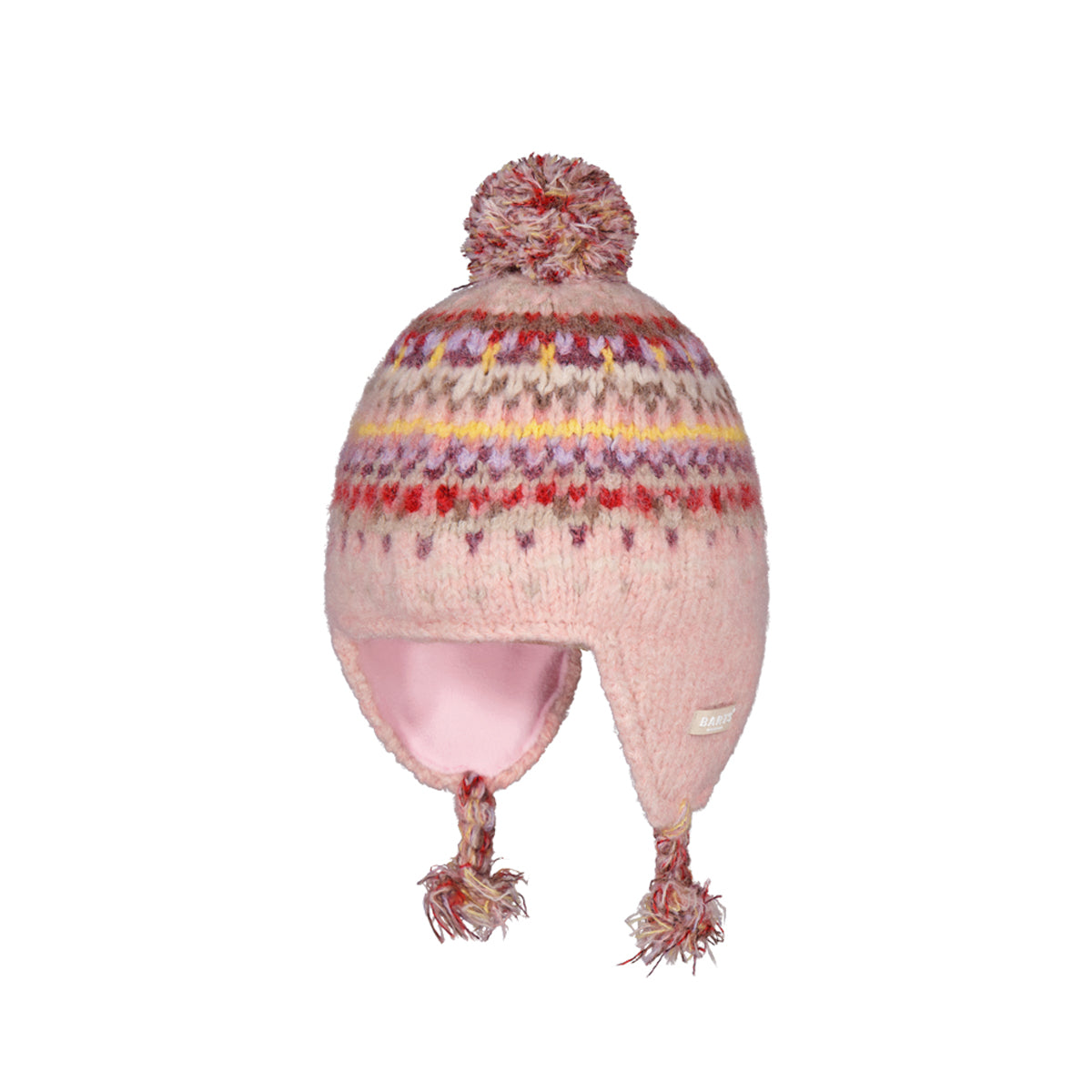 Knitted hat with colorful pattern and earflaps on a white background