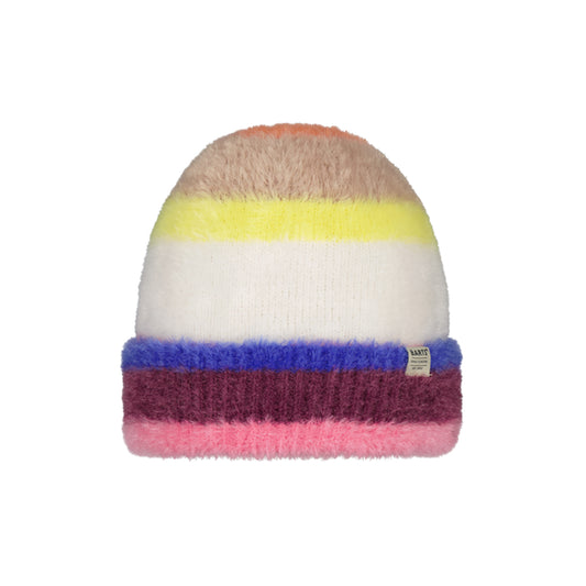 Multicolored striped beanie on a white background