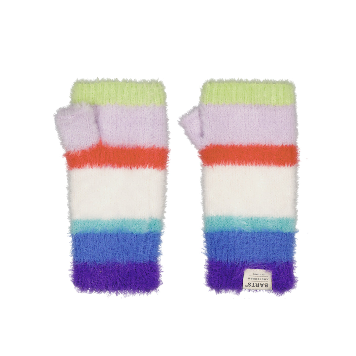 Colorful striped fingerless gloves on a white background