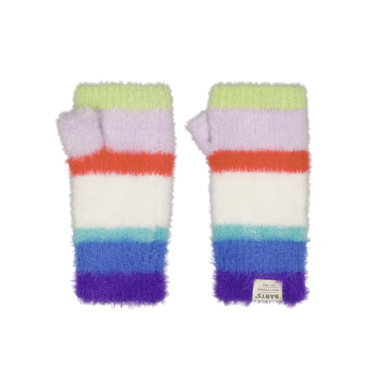 Colorful striped fingerless gloves on a white background