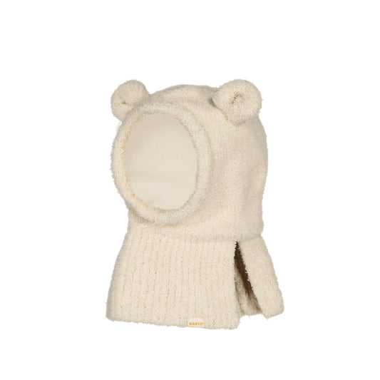 Knitted baby hat with bear ears on a white background
