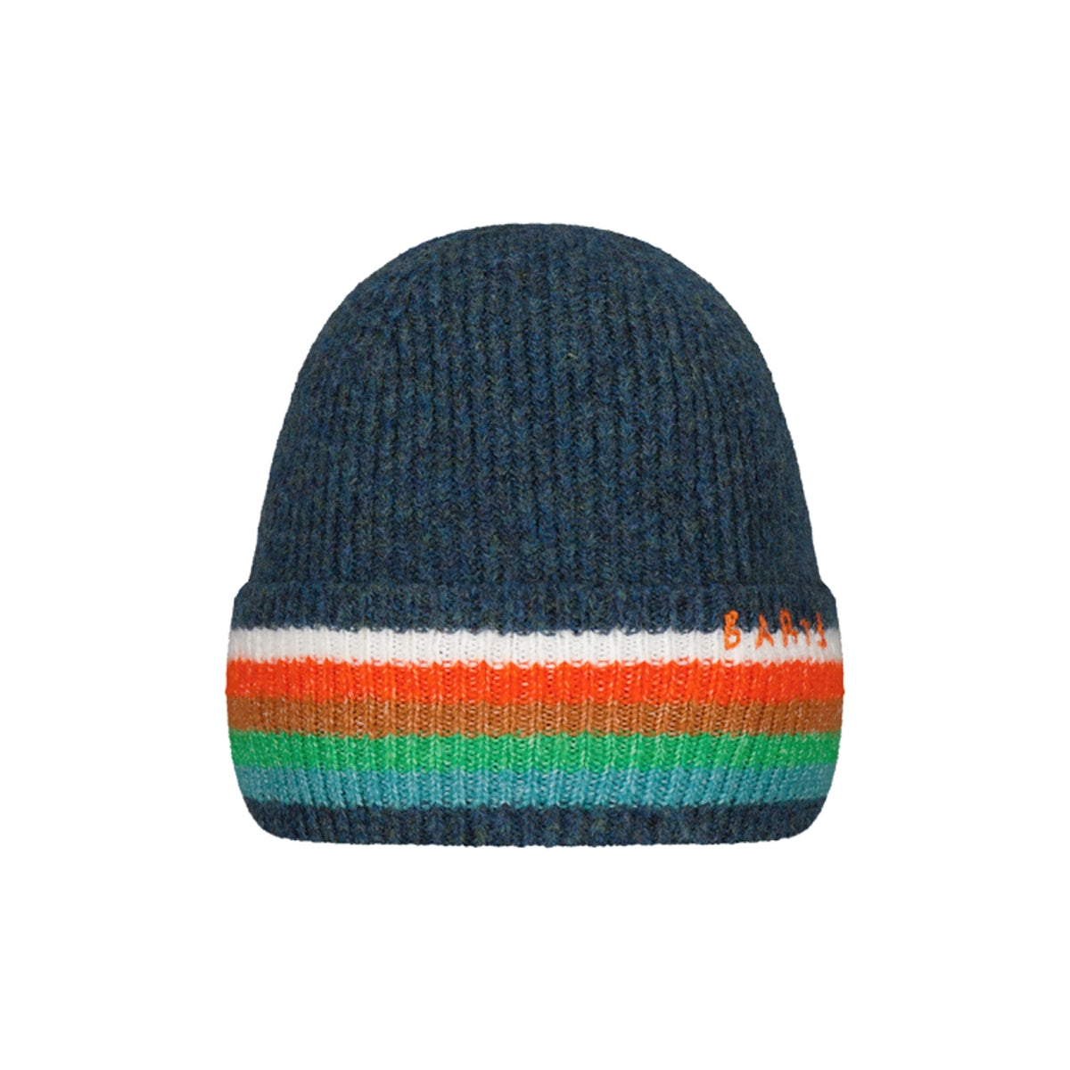 Knitted beanie with colorful stripes on a white background