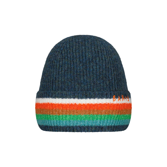 Knitted beanie with colorful stripes on a white background