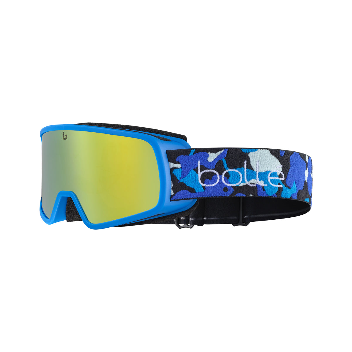 Blue and black teens ski goggles with a colorful strap on a white background