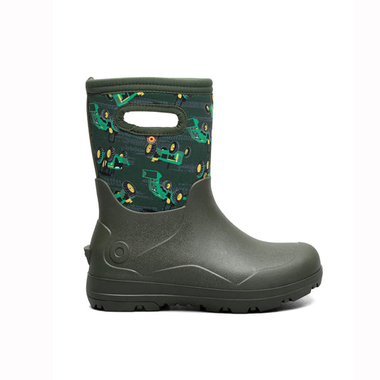 Green children's rain boot with tractor pattern on a white background