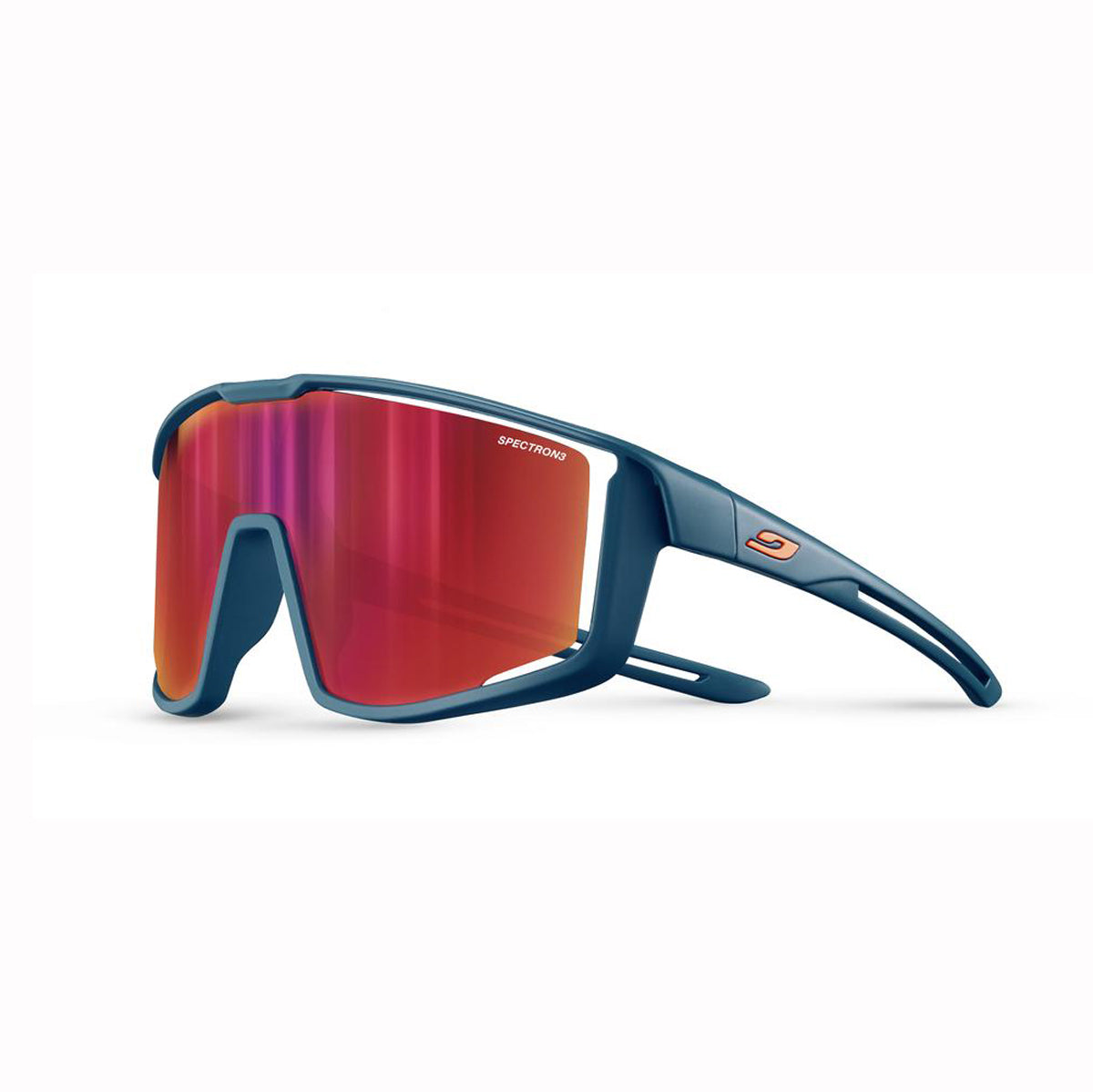 Sunglasses with red lenses and blue frame on a white background. Julbo Fury S Spectron Kids Sunglasses - 8 - 12 yrs (Blue Teal)