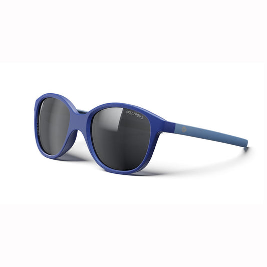Blue sunglasses with dark lenses on a white background