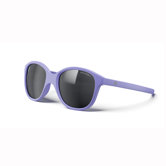 Purple sunglasses with dark lenses on a white background