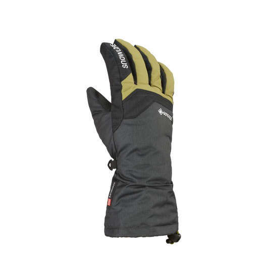 A single ski glove shown from the back, featuring a dark grey body with olive green back panels and white 'SNOWLIFE' branding printed on the back of the hand.
