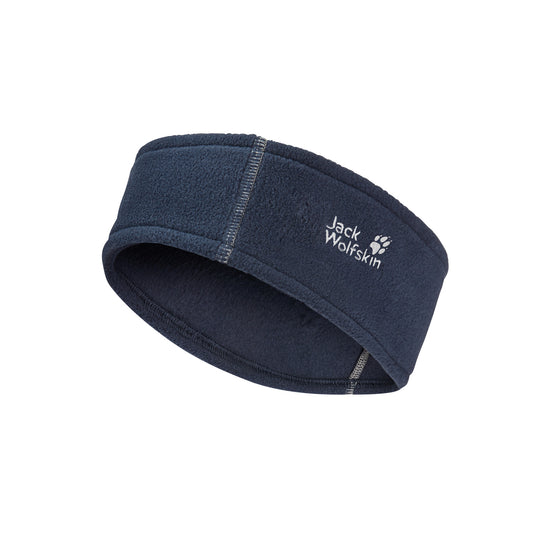 Navy blue fleece headband with Jack Wolfskin logo on a white background