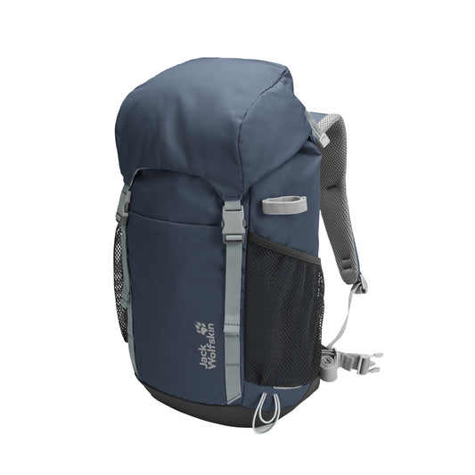 Blue kids backpack with gray straps on a white background