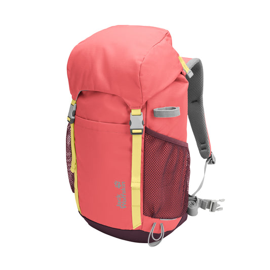 Red and pink backpack with a visible brand logo on a white background