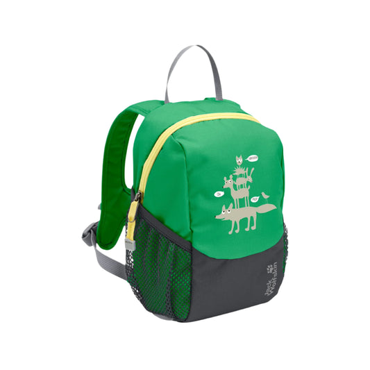 Green and gray toddler backpack with animal illustrations on a white background