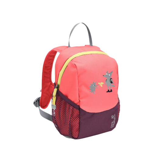 Pink and red backpack with a cartoon design on a white background