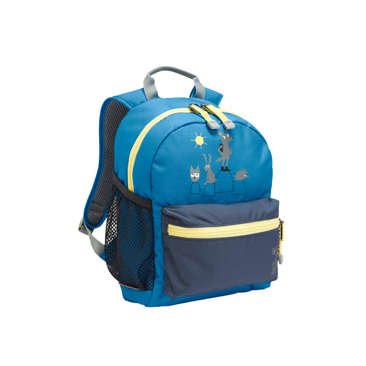 Blue children's backpack with cartoon designs on a white background