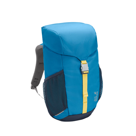 Blue kids backpack with a yellow strap on a white background