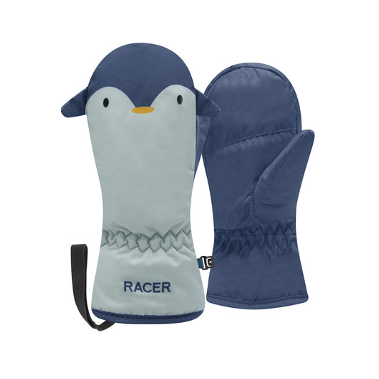 Penguin toddler mittens, blue on a white background