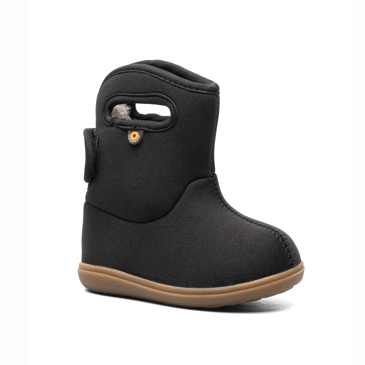 Black boot with brown sole on a white background