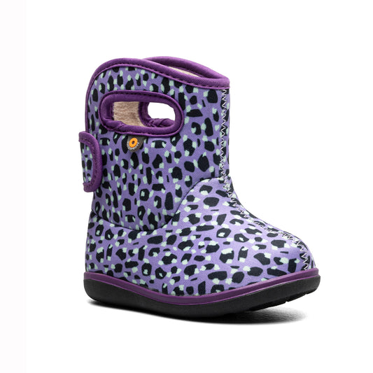 Baby Bogs with Purple leopard print boot with purple trim on a white background