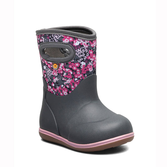 Gray children's Bogs boot with pink floral pattern on a white background