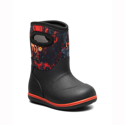 Black Bogs children's boot with red and blue pattern on a white background