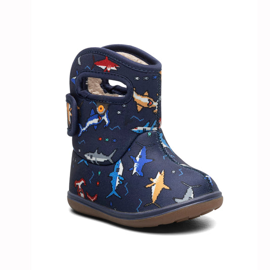 Navy blue children's boot with shark pattern on a white background
