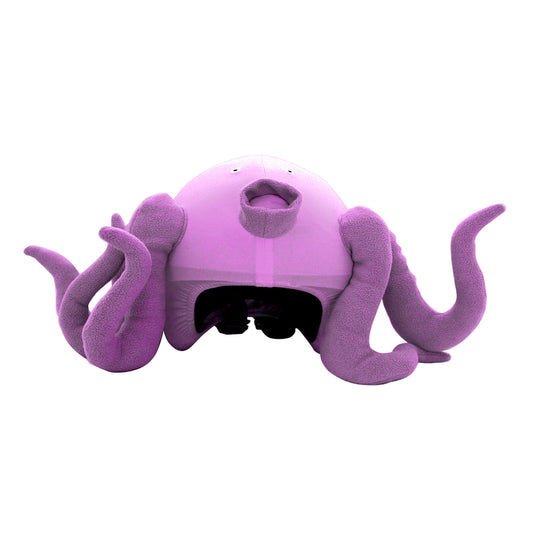 Purple octopus-shaped helmet cover on a white background
