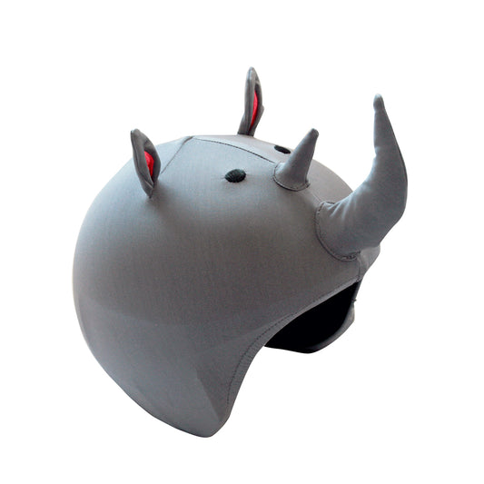 Gray rhinoceros helmet cover with horns and ears on a white background