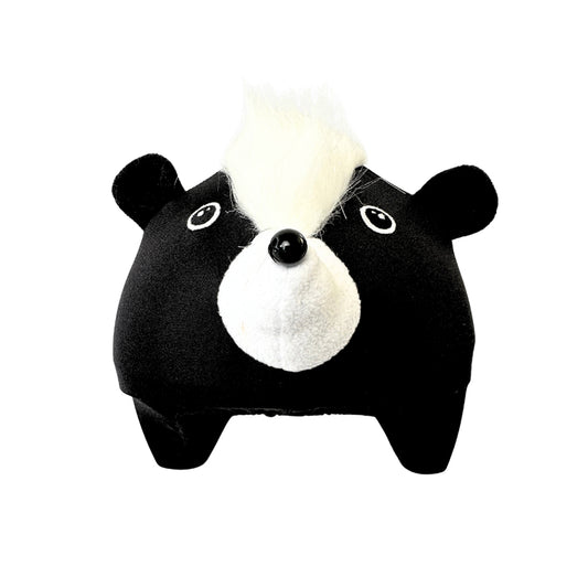 Skunk themed helmet cover on a white background