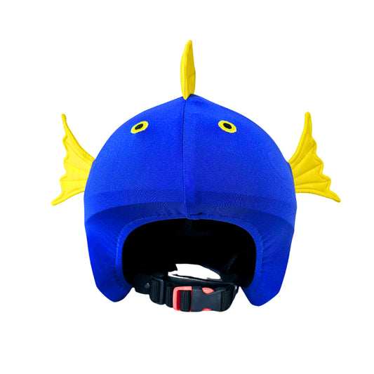 Blue fish helmet cover with yellow fins on a white background